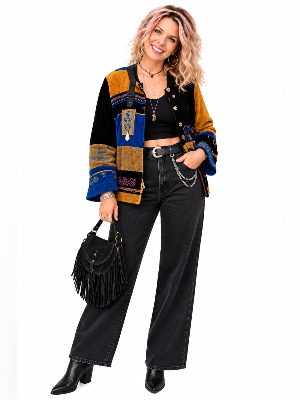 Vintage 80s/90s Chenille Patchwork Art-to-Wear Jacket Boho Tapestry Festival M